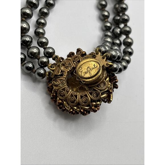 Vintage Eugene Triple Strand Faux Bk Pearl Necklace w/ Rhinestone Flower Pendant - Picture 6 of 10